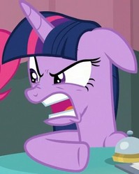 Size: 382x479 | Tagged: safe, screencap, pinkie pie, twilight sparkle, alicorn, earth pony, pony, a trivial pursuit, g4, angry, bell, cropped, faic, female, floppy ears, mare, offscreen character, solo focus, twilight sparkle (alicorn)