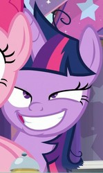 Size: 464x777 | Tagged: safe, screencap, pinkie pie, twilight sparkle, alicorn, earth pony, pony, a trivial pursuit, g4, season 9, bell, crazy face, cropped, derp, faic, female, mare, messy mane, offscreen character, smiling, twilight snapple, twilight sparkle (alicorn), twilight sparkle is best facemaker, twilynanas