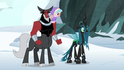 Size: 1280x720 | Tagged: safe, screencap, cozy glow, lord tirek, queen chrysalis, centaur, changeling, changeling queen, pegasus, pony, frenemies (episode), g4, bow, cloven hooves, female, filly, hair bow, male, nose piercing, nose ring, piercing, septum piercing, trio