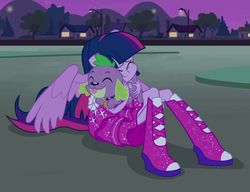 Size: 1229x945 | Tagged: safe, screencap, spike, twilight sparkle, dog, human, equestria girls, g4, my little pony equestria girls, boots, clothes, cute, dress, fall formal outfits, female, high heel boots, hug, male, night, night sky, ponied up, shoes, sky, sparkles, spikabetes, spike the dog, spikelove, twiabetes, twilight ball dress, twilight sparkle (alicorn), wings