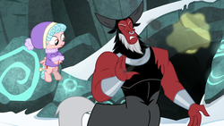 Size: 1280x720 | Tagged: safe, screencap, cozy glow, lord tirek, centaur, pegasus, pony, frenemies (episode), g4, clothes, duo, eyes closed, hat, male, nose piercing, nose ring, piercing, septum piercing, winter outfit
