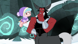 Size: 1280x720 | Tagged: safe, screencap, cozy glow, lord tirek, centaur, pegasus, pony, frenemies (episode), g4, clothes, cozy glow is not amused, duo, female, filly, foal, hat, male, nose piercing, nose ring, piercing, rubbing chin, septum piercing, winter outfit