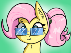 Size: 1644x1223 | Tagged: safe, artist:artiks, fluttershy, pegasus, pony, g4, alternate hairstyle, bust, female, glasses, looking at you, mare, nerd, simple background, smiling, solo
