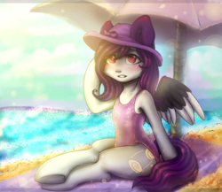 Size: 2300x2000 | Tagged: safe, artist:zefirka, oc, oc only, oc:cinnamon twist, pegasus, pony, beach, clothes, cute, hat, high res, looking at you, ocbetes, ocean, one-piece swimsuit, sitting, sky, solo, spread wings, sun hat, swimsuit, three quarter view, wings