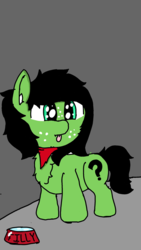 Size: 1440x2560 | Tagged: safe, artist:scotch, oc, oc:filly anon, pony, bandana, chest fluff, ear fluff, female, filly, freckles, pet bowl, tongue out