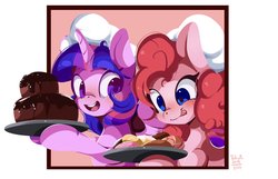 Size: 2048x1318 | Tagged: safe, artist:tohupo, pinkie pie, twilight sparkle, alicorn, earth pony, pony, g4, cake, chef's hat, chocolate cake, cooking, desert, donut, female, food, hat, mare, open mouth, smiling, tongue out, twilight sparkle (alicorn)