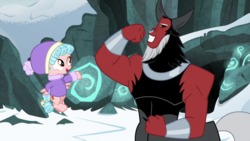 Size: 1920x1080 | Tagged: safe, screencap, cozy glow, lord tirek, centaur, pegasus, pony, frenemies (episode), g4, clothes, duo, female, filly, flexing, foal, hat, male, nose piercing, nose ring, piercing, septum piercing, winter outfit