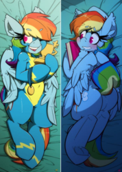 Size: 505x708 | Tagged: safe, artist:bbsartboutique, rainbow dash, pegasus, pony, semi-anthro, g4, arm hooves, blushing, body pillow, body pillow design, book, butt, clothes, female, mare, medal, plot, sexy, smiling, solo, stupid sexy rainbow dash, trophy, uniform, wonderbolts, wonderbolts uniform