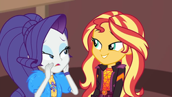 Size: 1920x1080 | Tagged: safe, screencap, rarity, sunset shimmer, equestria girls, festival filters, g4, my little pony equestria girls: better together, bolero jacket, clothes, duo, duo female, eyeshadow, female, geode of empathy, geode of shielding, geode of sugar bombs, geode of super speed, geode of super strength, geode of telekinesis, hand on face, jacket, lidded eyes, magical geodes, makeup, smiling