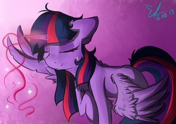 Size: 1024x724 | Tagged: safe, artist:yuris, twilight sparkle, alicorn, pony, g4, chest fluff, eyes closed, female, floppy ears, hoof on chest, magic, mare, smiling, solo, spread wings, three quarter view, twilight sparkle (alicorn), wings