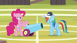 Size: 1920x1080 | Tagged: safe, screencap, pinkie pie, rainbow dash, pony, 2 4 6 greaaat, g4, cap, coach rainbow dash, hat, lidded eyes, party cannon