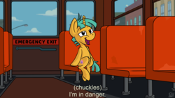 Size: 3840x2160 | Tagged: safe, artist:pirill, derpy hooves, snails, pony, unicorn, g4, atg 2018, bus, caption, city, cloud, dialogue, high res, i'm in danger, lamppost, male, meme, newbie artist training grounds, open mouth, ponified meme, ralph wiggum, seat, sitting, solo, text, the simpsons, when you see it, window