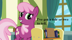Size: 640x360 | Tagged: safe, edit, edited screencap, editor:korora, screencap, cheerilee, earth pony, pony, a flurry of emotions, g4, book, bookshelf, cheeribetes, curtains, cute, dialogue, i hope we hear a story from cheerilee