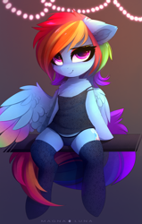 Size: 3333x5247 | Tagged: safe, artist:magnaluna, rainbow dash, pegasus, pony, semi-anthro, g4, absurd resolution, adorasexy, backwards cutie mark, black dress, black underwear, camisole, clothes, colored wings, cute, cutie mark, dress, eyeshadow, female, frilly underwear, gradient wings, lingerie, little black dress, looking at you, makeup, mare, multicolored wings, panties, rainbow wings, sexy, sitting, smiling, socks, solo, stupid sexy rainbow dash, thigh highs, underwear, wings