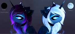 Size: 6360x2898 | Tagged: safe, artist:magnaluna, princess luna, alicorn, pony, g4, alternate design, chest fluff, choker, crown, ear fluff, ear piercing, earring, eyeshadow, female, folded wings, full moon, gradient horn, gradient mane, horn, horn jewelry, jewelry, looking up, makeup, mare, moon, necklace, new moon, piercing, regalia, sparkly mane, tiara, wing jewelry, wings