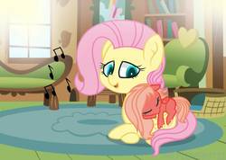 Size: 1058x755 | Tagged: safe, artist:mlplover0711, fluttershy, oc, oc:apple sprout, pegasus, pony, g4, base used, cute, female, filly, fluttermom, fluttershy's cottage, music notes, offspring, parent:big macintosh, parent:fluttershy, parents:fluttermac, prone, singing, sleeping