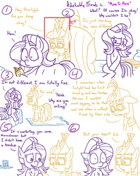 Size: 1280x1611 | Tagged: safe, artist:adorkabletwilightandfriends, moondancer, spike, starlight glimmer, pony, unicorn, comic:adorkable twilight and friends, g4, adorkable, adorkable friends, bed, bedroom, book, comic, cute, dork, emotion, emotional, feels, found out, grammar error, heartbreak, implied spike, implied twilight sparkle, lying down, picture, reading, sitting, slice of life, surprised, sweat