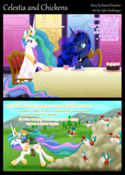 Size: 2904x4054 | Tagged: safe, artist:lifesharbinger, princess celestia, princess luna, bird, chicken, pony, between dark and dawn, g4, comic, crossover, dialogue, female, link, mare, royal sisters, speech bubble, that princess sure is afraid of chickens, the legend of zelda