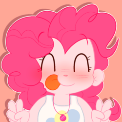 Size: 500x500 | Tagged: safe, artist:pinkiespresent, pinkie pie, equestria girls, g4, my little pony equestria girls: better together, blushing, bust, cute, diapinkes, eyes closed, female, geode of sugar bombs, magical geodes, peace sign, pink background, simple background, solo, tongue out