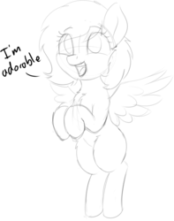 Size: 1297x1649 | Tagged: safe, artist:zippysqrl, oc, oc only, oc:charcoal, pegasus, pony, bipedal, dialogue, female, grayscale, happy, hooves to the chest, mare, monochrome, open mouth, simple background, sketch, solo, truth, white background, wings