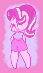 Size: 605x1012 | Tagged: safe, artist:typhwosion, starlight glimmer, unicorn, anthro, g4, abstract background, bubblegum, clothes, cute, female, food, glimmerbetes, gum, shorts, solo
