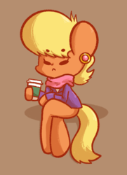 Size: 775x1069 | Tagged: safe, artist:typhwosion, ms. harshwhinny, pony, g4, beanbrows, brown background, chibi, coffee mug, crossed legs, cute, ear piercing, earring, eyebrows, female, hoof hold, jewelry, ms. cutewhinny, mug, piercing, simple background, solo