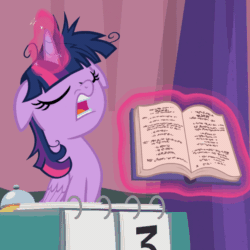 Size: 1080x1080 | Tagged: safe, screencap, twilight sparkle, alicorn, pony, a trivial pursuit, animated, book, faic, female, floppy ears, gif, glowing horn, horn, magic, messy mane, rules lawyer, rules prosecutor, solo, telekinesis, twilight snapple, twilight sparkle (alicorn), twilighting, written equestrian