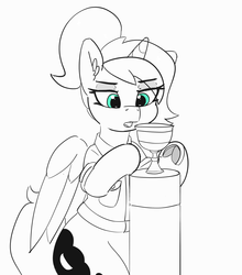 Size: 3000x3405 | Tagged: safe, artist:pabbley, princess luna, alicorn, pony, g4, bipedal, chalice, clothes, cup, female, high res, indiana jones, mare, monochrome, partial color, ponytail, shirt, simple background, solo, treasure, underhoof, white background