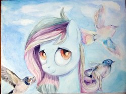 Size: 1280x960 | Tagged: safe, artist:malinetourmaline, oc, oc only, bird, earth pony, pony, solo, traditional art, watercolor painting