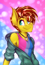 Size: 1319x1923 | Tagged: safe, artist:drizziedoodles, oc, oc only, oc:honey drizzle, anthro, abstract background, bisexual pride flag, clothes, freckles, hoodie, jewelry, necklace, pride, pride month, shark tooth, shark tooth necklace, smiling, solo, tank top