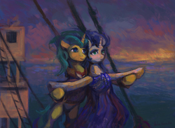 Size: 1630x1190 | Tagged: safe, artist:malinetourmaline, pony, unicorn, bipedal, boat, clothes, dress, looking away, ocean, ship, spread hooves, standing, titanic