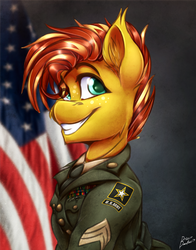 Size: 2946x3763 | Tagged: safe, artist:drizziedoodles, oc, oc only, oc:honey drizzle, earth pony, pony, american flag, belt, clothes, freckles, high res, male, military, military uniform, necktie, smiling, solo, stallion, uniform, us army