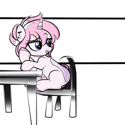 Size: 1300x1300 | Tagged: safe, artist:arrgus-korr, oc, oc only, pony, unicorn, abstract background, chair, female, full body, mare, mischievous, piercing, solo, stains, table