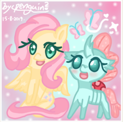 Size: 1046x1038 | Tagged: safe, artist:penguin?, fluttershy, ocellus, changedling, changeling, pegasus, pony, g4, cute, diaocelles, shyabetes, sitting, smiling, teacher and student