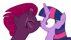 Size: 1920x1080 | Tagged: safe, alternate version, artist:徐詩珮, fizzlepop berrytwist, tempest shadow, twilight sparkle, pony, unicorn, g4, background removed, base used, broken horn, duo, female, horn, kiss on the lips, kissing, lesbian, mare, ship:tempestlight, shipping, simple background, surprise kiss, transparent background