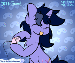 Size: 1844x1536 | Tagged: safe, artist:php142, oc, oc only, oc:purple flix, pony, unicorn, :p, advertisement, commission, controller, eyes closed, gaming, gradient background, male, solo, stallion, tongue out, your character here