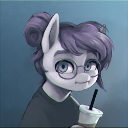 Size: 1299x1300 | Tagged: safe, artist:stardep, oc, oc only, oc:vylet, pony, bust, cup, female, glasses, looking at you, mare, solo