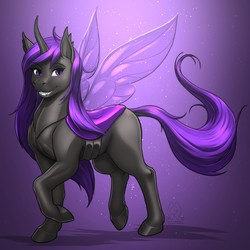 Size: 2375x2375 | Tagged: safe, artist:mykegreywolf, oc, oc only, oc:midnight, changeling, hybrid, pony, changeling oc, cloven hooves, commission, cute, high res, holeless, purple changeling, raised hoof, smiling, solo