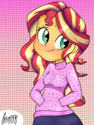 Size: 768x1024 | Tagged: safe, artist:artmlpk, sunset shimmer, equestria girls, g4, blushing, clothes, cute, digital art, female, hoodie, looking at something, raised eyebrow, shimmerbetes, smiling, smirk, solo, sweater, turtleneck