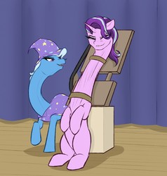 Size: 1218x1280 | Tagged: safe, artist:astr0zone, starlight glimmer, trixie, pony, unicorn, g4, cape, cartoon physics, clothes, fetish, grin, hat, impossibly long neck, necc, neck stretching, one eye closed, open mouth, pulley, rack, smiling, stage, straps, stretching, stretchy, trixie's cape, trixie's hat, wat