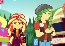 Size: 1522x1080 | Tagged: safe, screencap, sandalwood, sunset shimmer, equestria girls, equestria girls specials, g4, my little pony equestria girls: better together, my little pony equestria girls: sunset's backstage pass, annoyed, cellphone, clothes, cropped, female, food truck, geode of empathy, hat, magical geodes, male, outdoors, phone, smartphone, vest