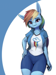 Size: 960x1280 | Tagged: safe, artist:stardep, rainbow dash, pegasus, anthro, breasts, busty rainbow dash, clothes, cropped, cute, dashabetes, female, hand on hip, long ears, looking at you, mare, shirt, shorts, solo