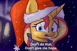 Size: 1200x800 | Tagged: safe, artist:heir-of-rick, sunset shimmer, pony, unicorn, g4, holidays unwrapped, avengers: endgame, christmas, crying, don't give me hope, female, hat, holiday, santa hat, snow, solo