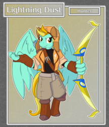 Size: 1688x1950 | Tagged: safe, artist:brownie-bytes, lightning dust, anthro, unguligrade anthro, g4, bow (weapon), clothes, crossover, female, final fantasy, fingerless gloves, gloves, solo, weapon