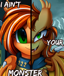 Size: 2550x3009 | Tagged: safe, alternate version, artist:pridark, oc, oc only, oc:pumpkin patch, bat pony, pony, two sided posters, bat pony oc, blood, bust, clothes, commission, high res, looking at you, open mouth, portrait, smiling, solo, text