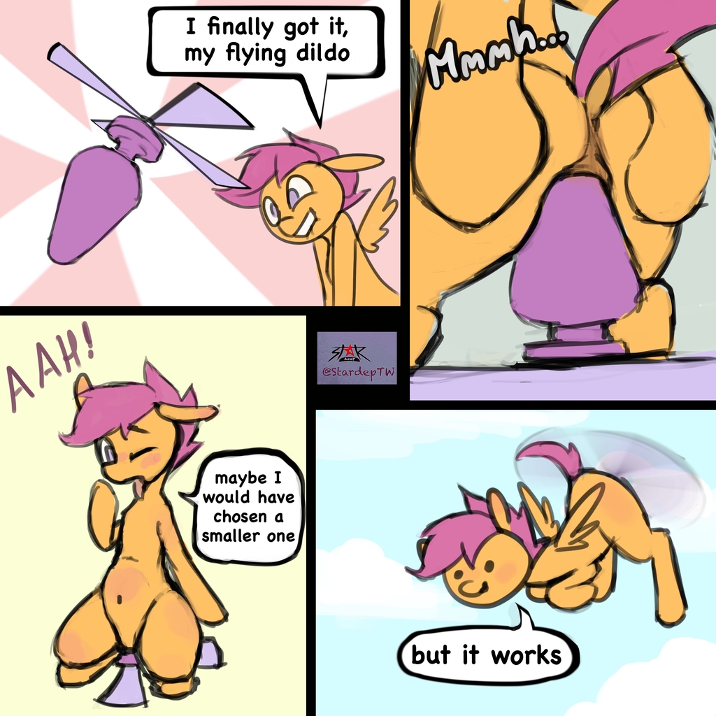 2118584 - explicit, artist:stardep, scootaloo, pegasus, pony, g4, abdominal  bulge, anal insertion, anus, belly button, blushing, buttplug, comic,  dialogue, dildo, dildo sitting, dock, female, filly, flying, foalcon, funny  porn, huge dildo, insertion,