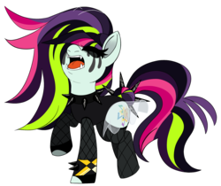 Size: 2021x1701 | Tagged: safe, artist:taaffeiite, derpibooru exclusive, coloratura, earth pony, pony, g4, alternate design, angry, clothes, collar, countess coloratura, cutie mark, fangs, female, fishnets, makeup, mare, movie accurate, open mouth, running makeup, simple background, singing, solo, spiked collar, transparent background