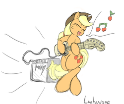 Size: 1193x1000 | Tagged: safe, artist:luohanpone, applejack, earth pony, pony, g4, amplifier, colored, female, fender telecaster, guitar, musical instrument, playing instrument, pun, rough draft, solo