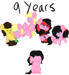 Size: 857x932 | Tagged: safe, artist:thatonefluffs, oc, oc:moonlight, earth pony, pegasus, pony, anniversary, bow, emo phase, fluffy, freckles, tail bow