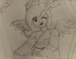 Size: 3574x2785 | Tagged: safe, artist:breeze the peryton, oc, oc:breeze the peryton, deer, human, hybrid, original species, peryton, anime style, antlers, art, clothes, cute, high res, humanized, kimono (clothing), paper, photo, solo, traditional art, wings